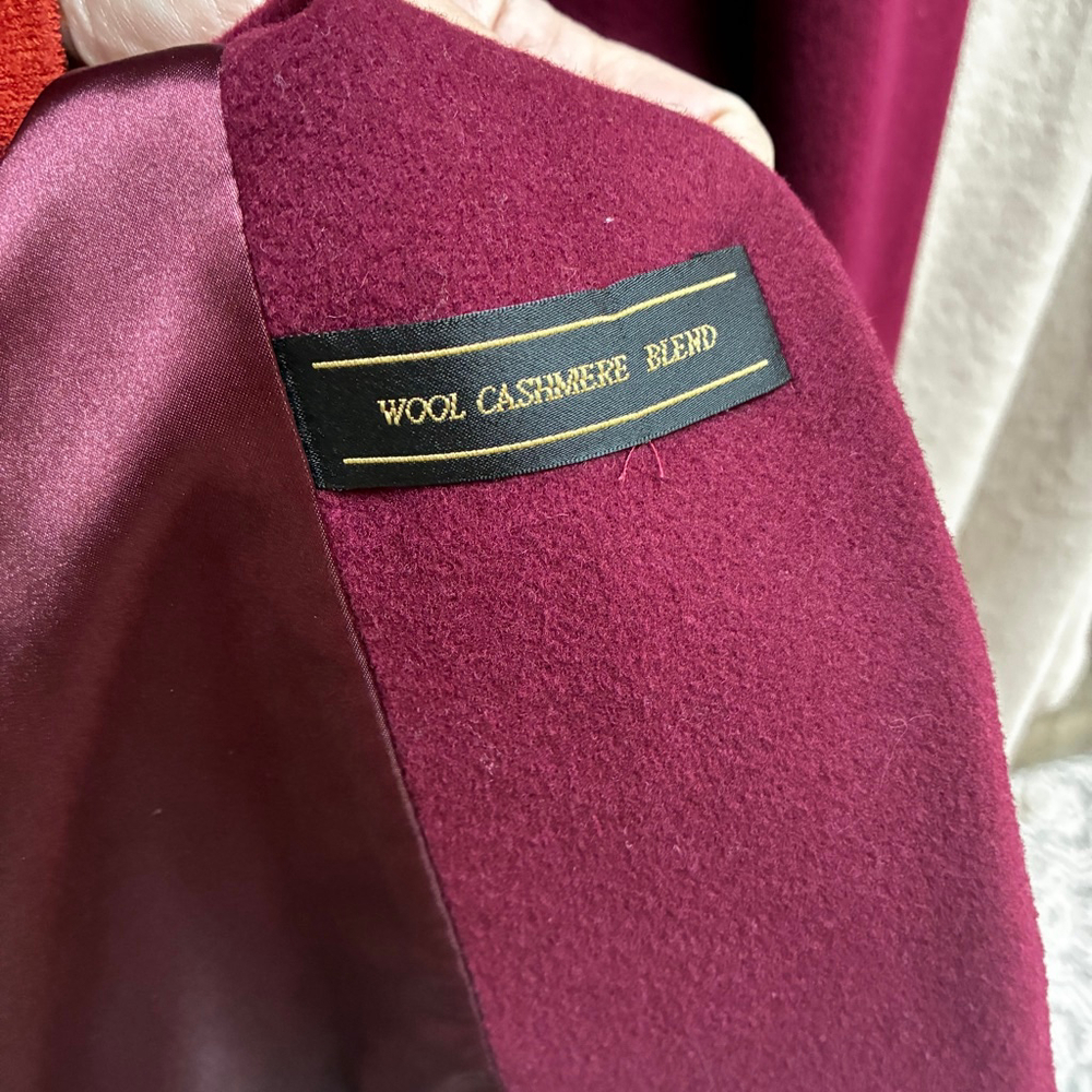 Precis Petite Wool Cashmere Pea Coat Size 14 Burgundy Faux Fur Timeless Winter - Picture 13 of 16